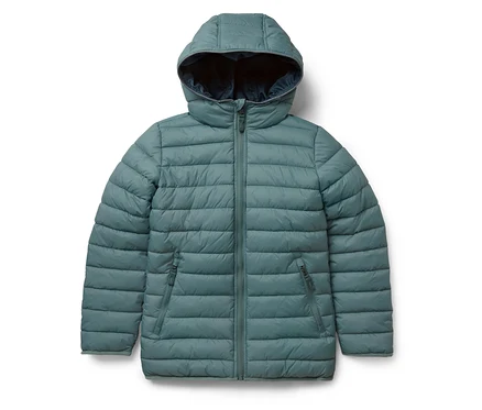 Niebiesko-zielona kurtka dziecięca 2 w 1 softshell i pikowana z kapturem i zamkiem błyskawicznym.
