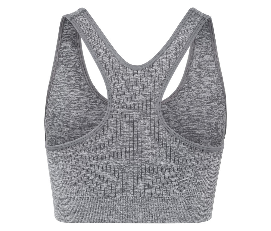 Szary biustonosz sportowy z tyłem typu bokserka.