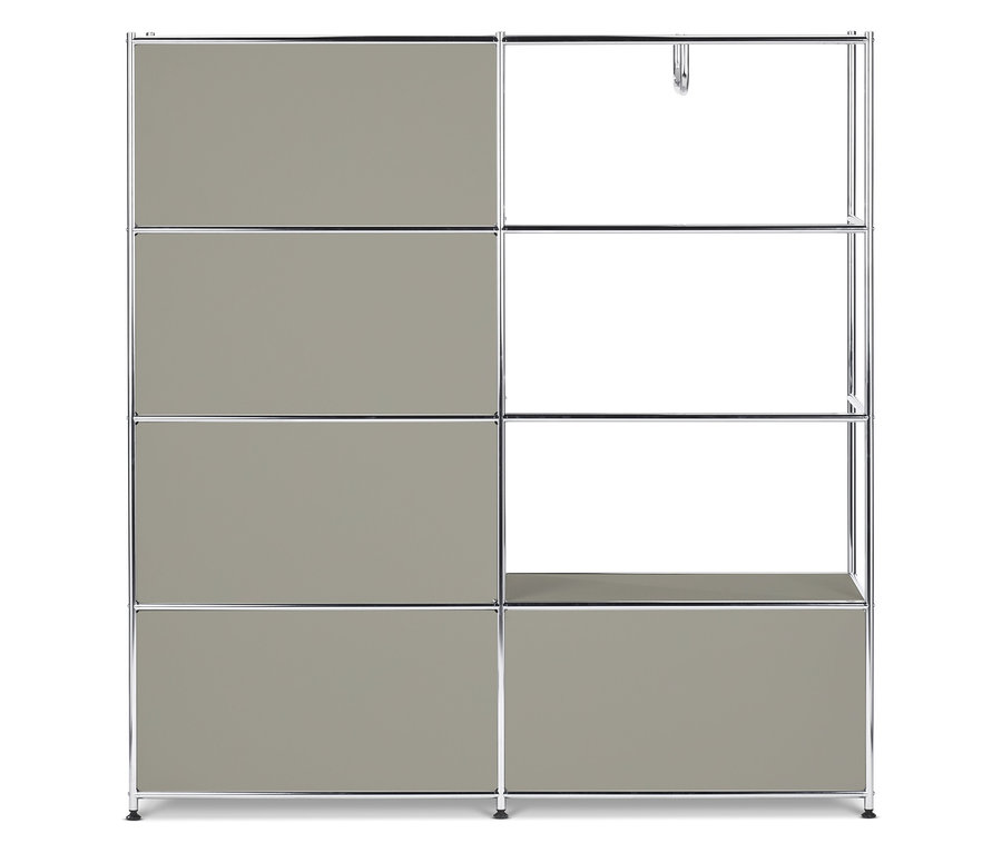 Szary regał modułowy z czterema szarymi panelami po lewej stronie i otwartymi półkami po prawej stronie.