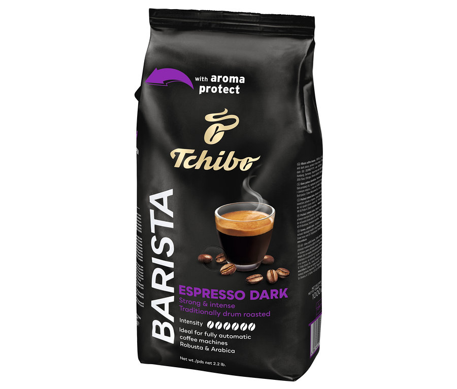 Opakowanie kawy ziarnistej BARISTA Espresso Dark marki Tchibo. Na opakowaniu filiżanka espresso i ziarna kawy.