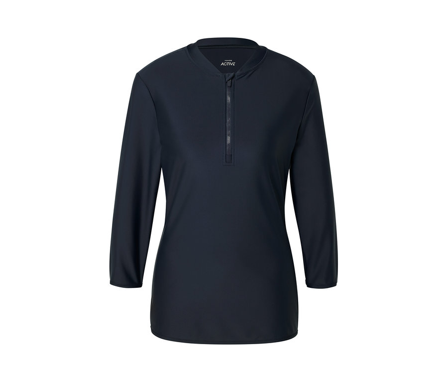 Granatowa koszulka sportowa z długim rękawem, zamkiem i filtrem UV.