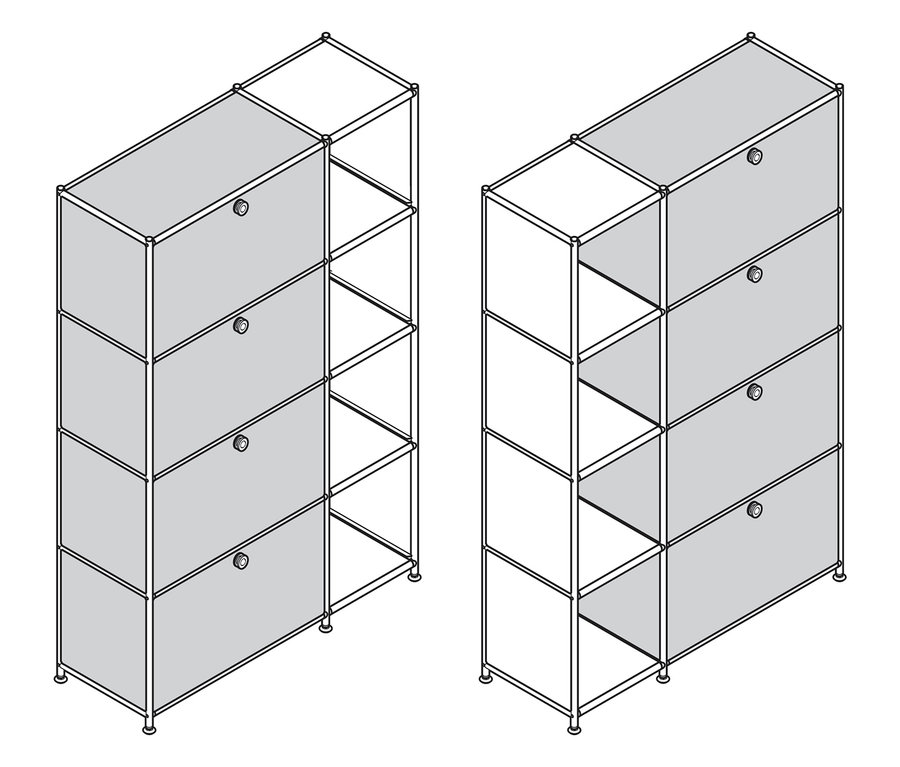 Dwa metalowe regały »CN3« z 4 klapami, jeden szary, drugi biało-czarny, stoją obok siebie.