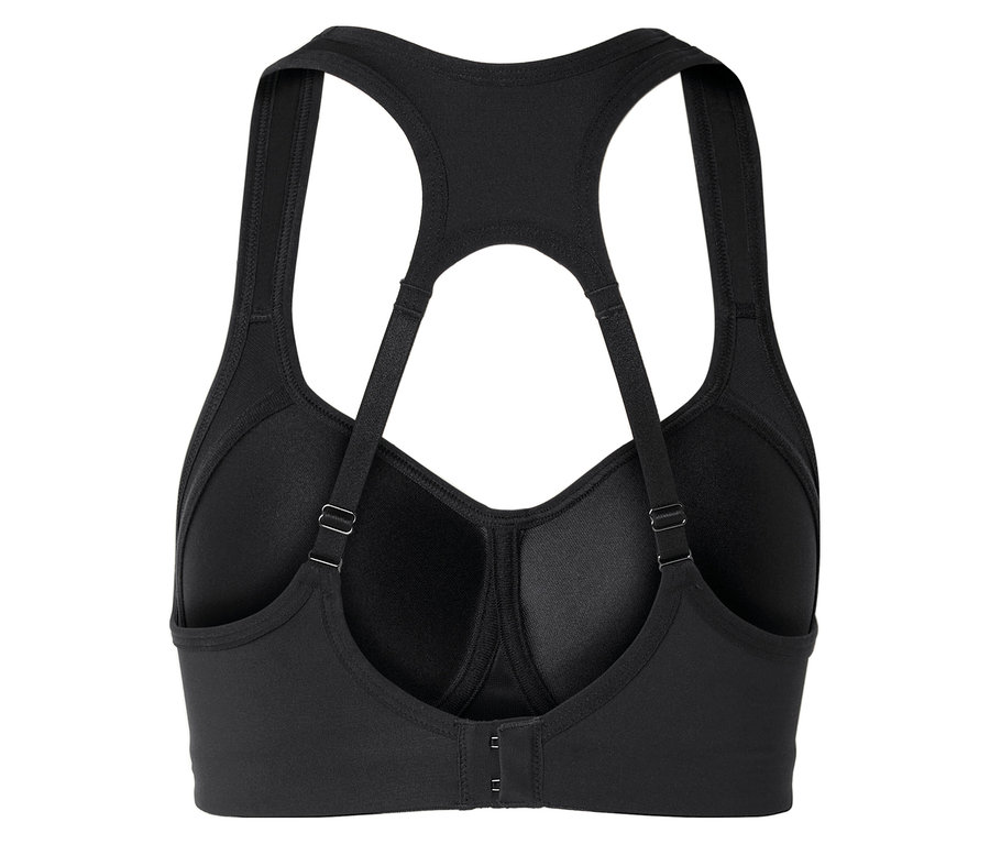 Widok z tyłu czarnego biustonosza sportowego z regulowanymi ramiączkami i zapięciem na haftki.