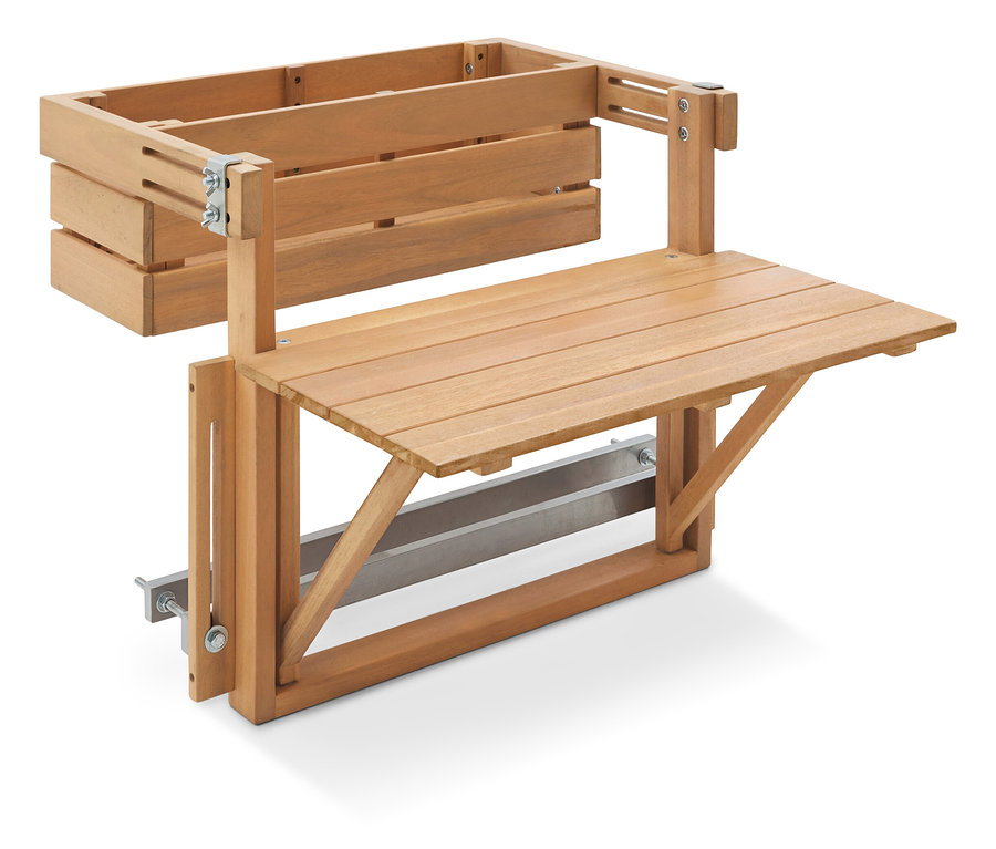 Drewniany stół ze schowkiem przymocowany do ściany.