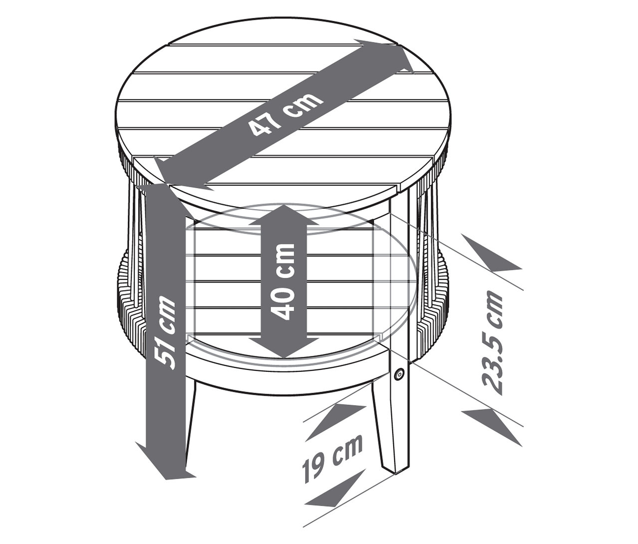 Schematyczny rysunek stolika ogrodowego z odłączanym blatem, Ø ok. 50 cm, z wymiarami.