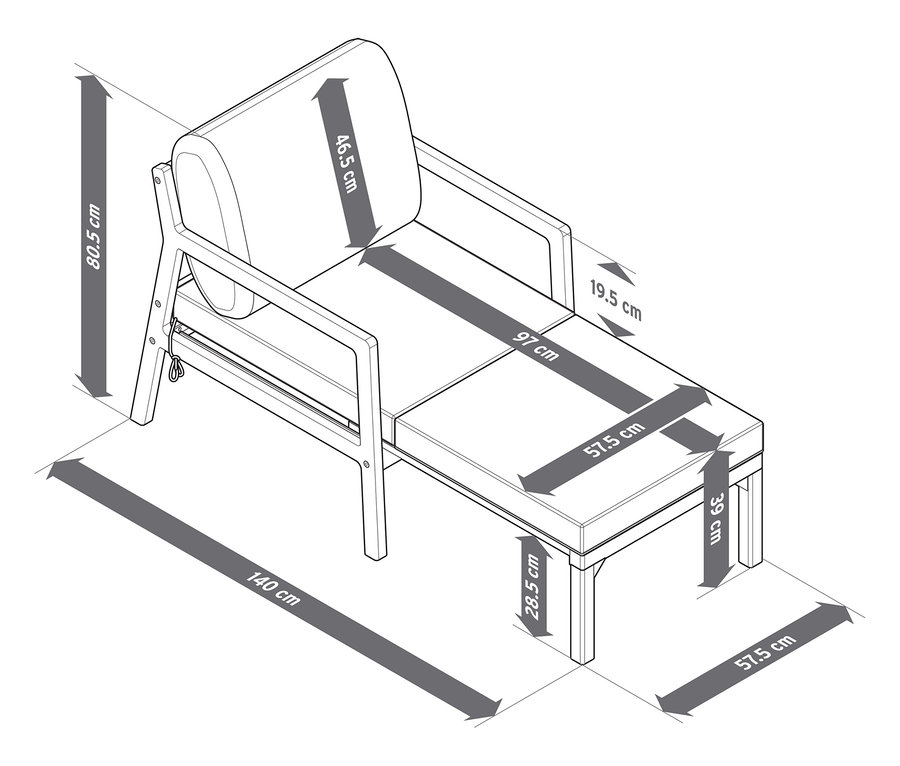 Przedstawiono szczegółowe wymiary rozkładanego fotela ogrodowego.