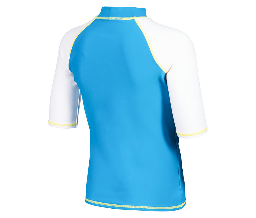 Widok z tyłu niebiesko-białej koszulki do pływania z żółtymi akcentami.