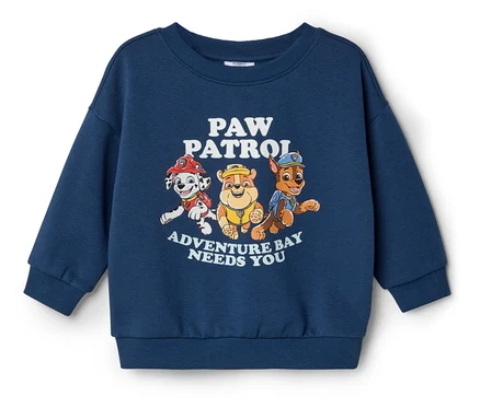 Niebieski sweter z postaciami z Psiego Patrolu.