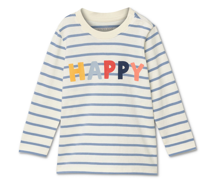 Koszulka z długim rękawem w niebiesko-białe paski z napisem HAPPY w kolorowych literach.