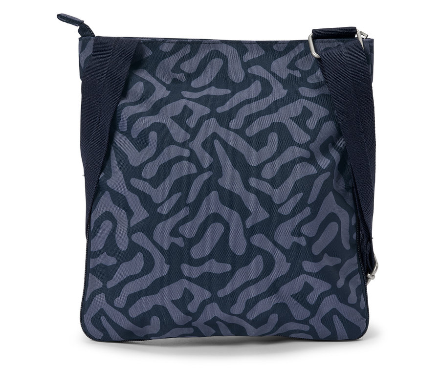 Niebieska torba na ramię z abstrakcyjnym wzorem.