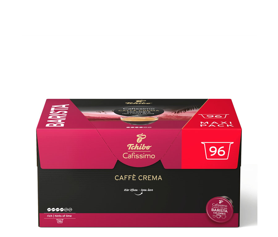 Duże, czarno-różowe opakowanie Tchibo Cafissimo Caffè Crema z 96 kapsułkami kawy.