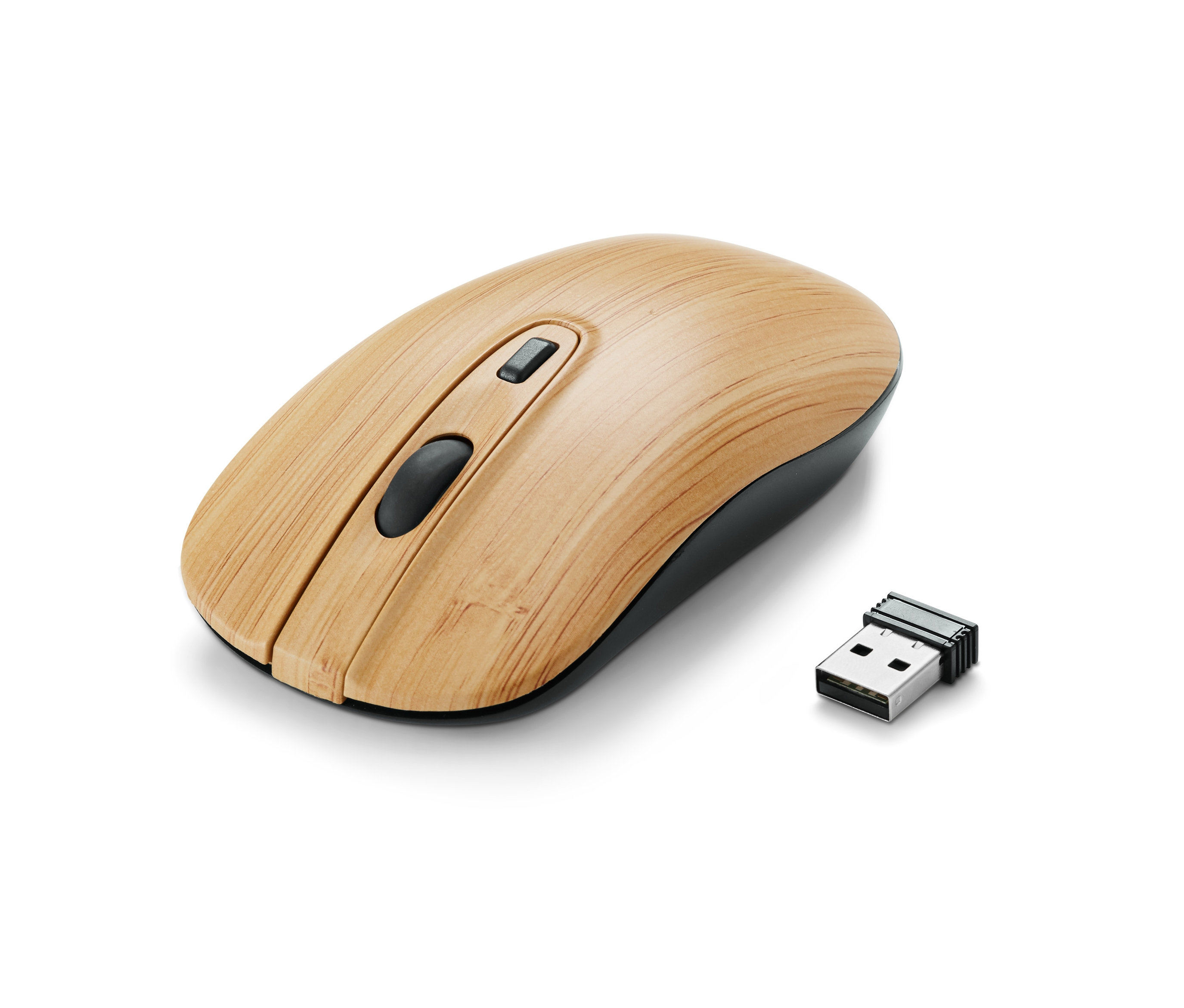 Mysz bezprzewodowa z drewnianą obudową i złącze USB na białym tle.