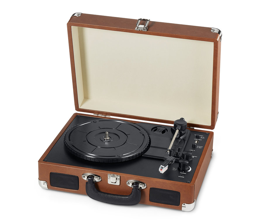 Otwarty, przenośny gramofon w stylu retro z funkcją Bluetooth® w kolorze brązowym.