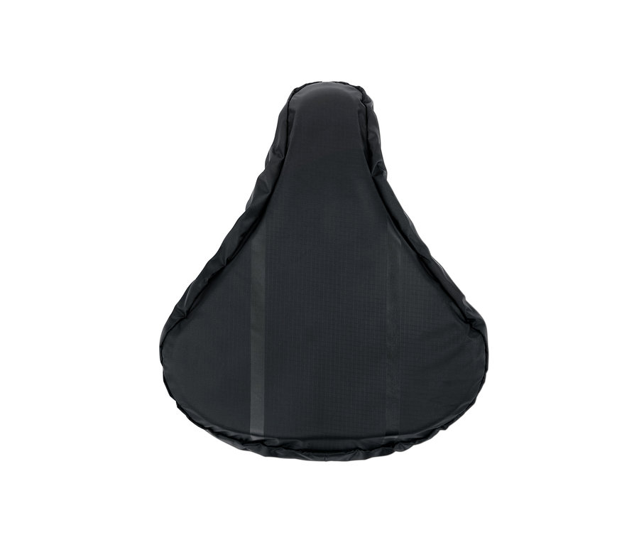 Czarny pokrowiec na siodełko rowerowe 2 w 1 na białym tle.
