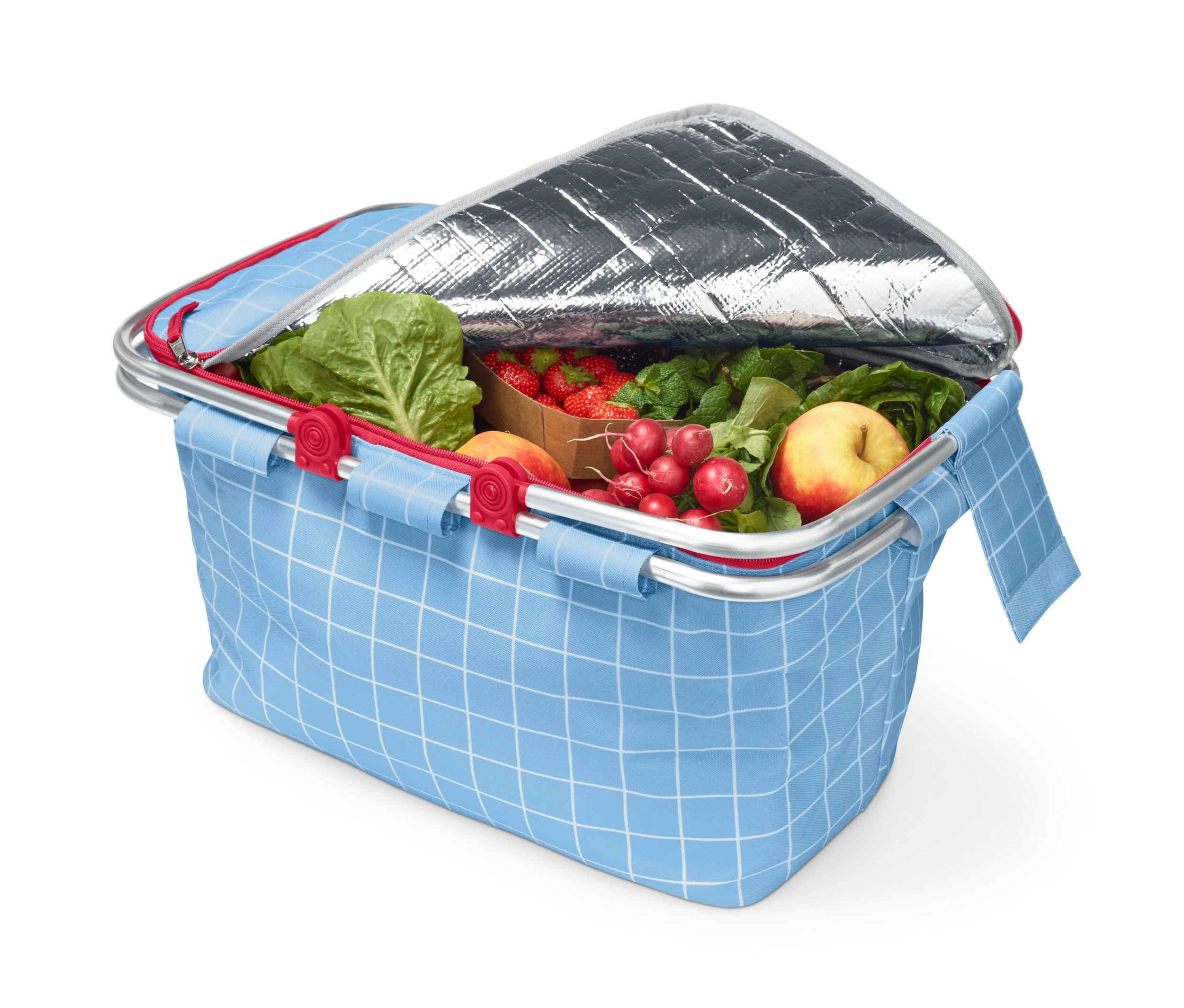 Otwarty koszyk z izolacją termiczną wypełniony jedzeniem.