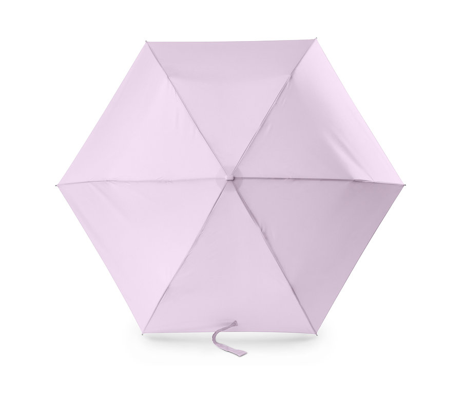 Zbliżenie na otwarty, jasno fioletowy parasol kieszonkowy.