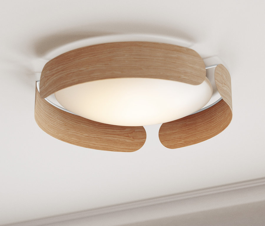 Drewniana lampa sufitowa LED przymocowana do sufitu.