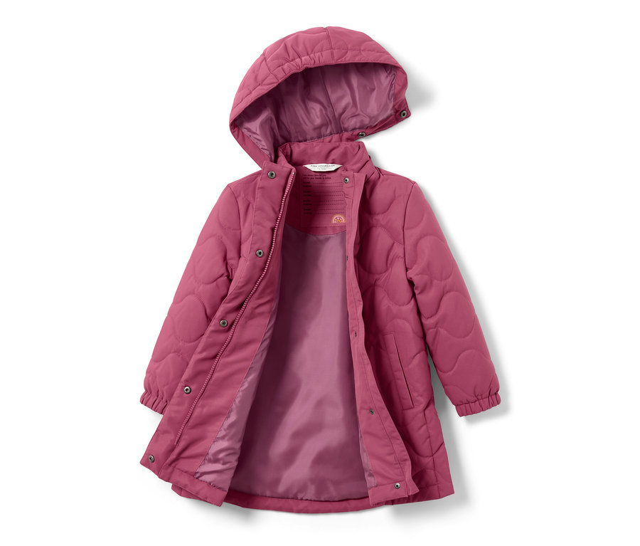 Rozpięty płaszcz pikowany w kolorze malwy z kapturem.