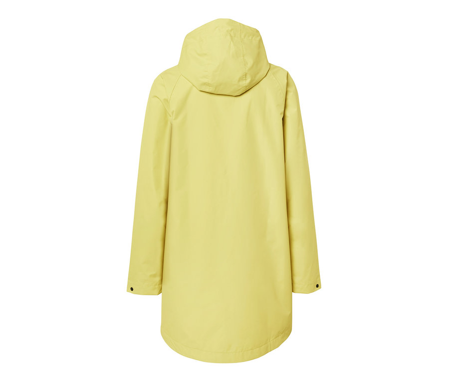 Widok z tyłu żółtej kurtki przeciwdeszczowej z kapturem.