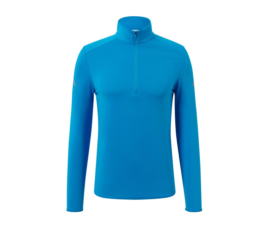 Szczegółowy widok neonowoniebieskiej termicznej bluzy funkcyjnej.