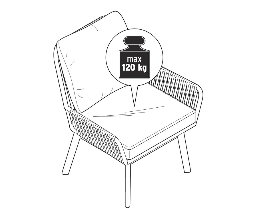 Czarno-biała ilustracja zestawu wypoczynkowego z ograniczeniem wagi do 120 kg.