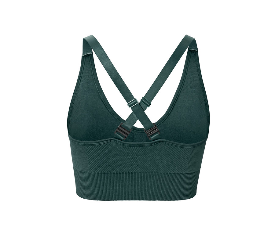 Widok z tyłu ciemnozielonego, bezszwowego biustonosza sportowego.