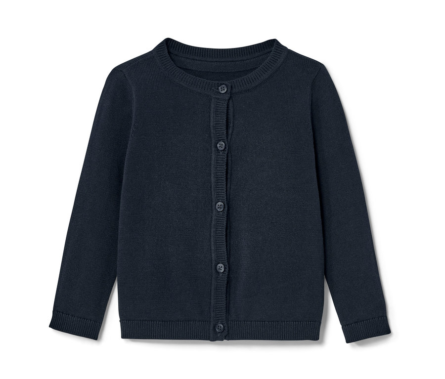 Granatowy, dziergany sweter rozpinany dla dzieci z guzikami.