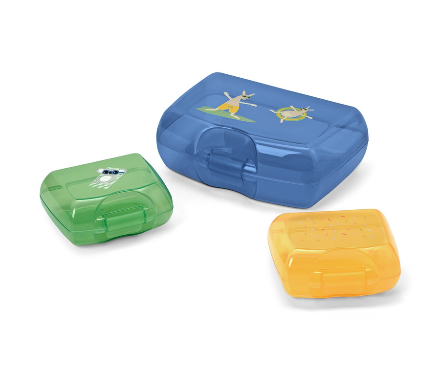 Trzy śniadaniówki w kolorze niebieskim, zielonym i żółtym.