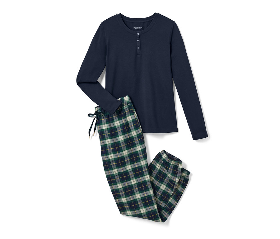 Zielona piżama flanelowa z długim rękawem i spodniami w kratę.