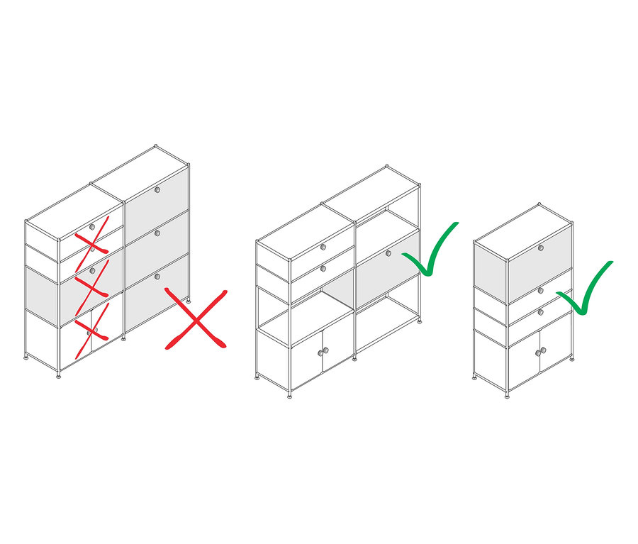 Schemat trzech konfiguracji szafek. Na pierwszej szafce widnieje czerwony krzyżyk, a na pozostałych dwóch zielony haczyk.