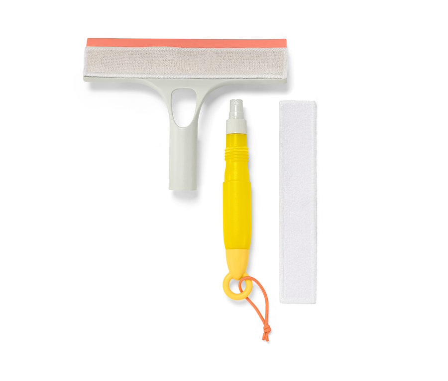 Myjka do szyb 3 w 1 z pomarańczową gumową listwą, białą wycieraczką i żółtym pojemnikiem na detergent.