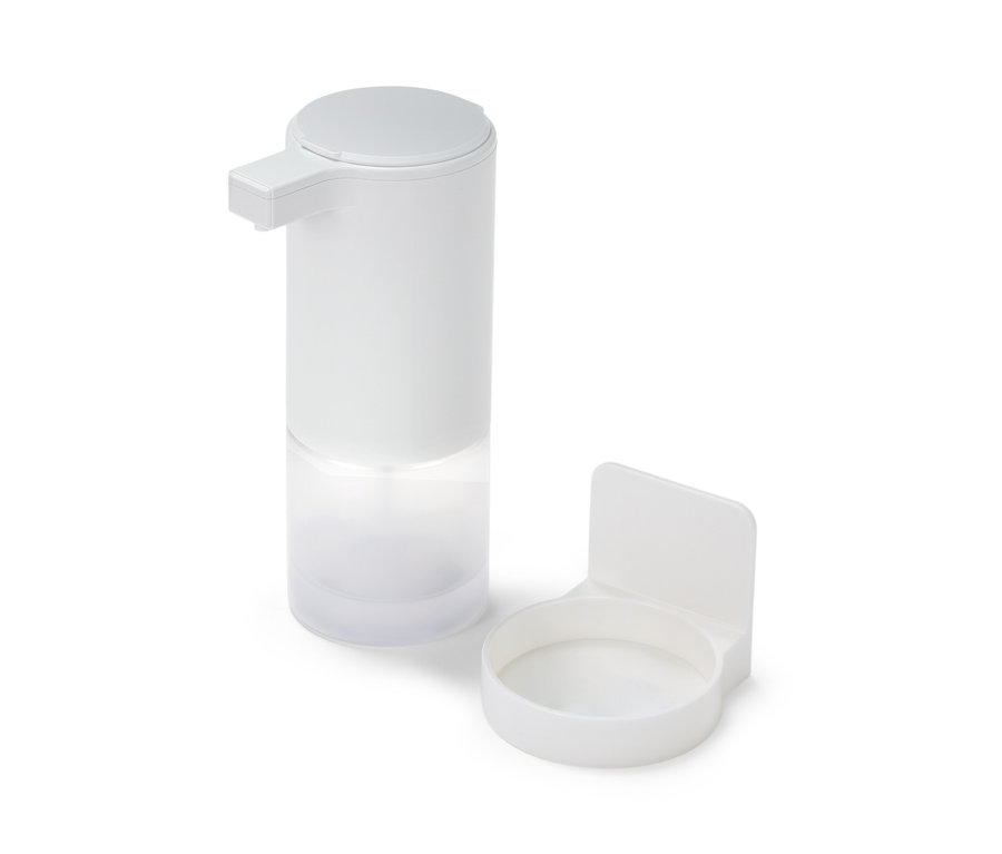 Biały dozownik mydła z czujnikiem i uchwytem.