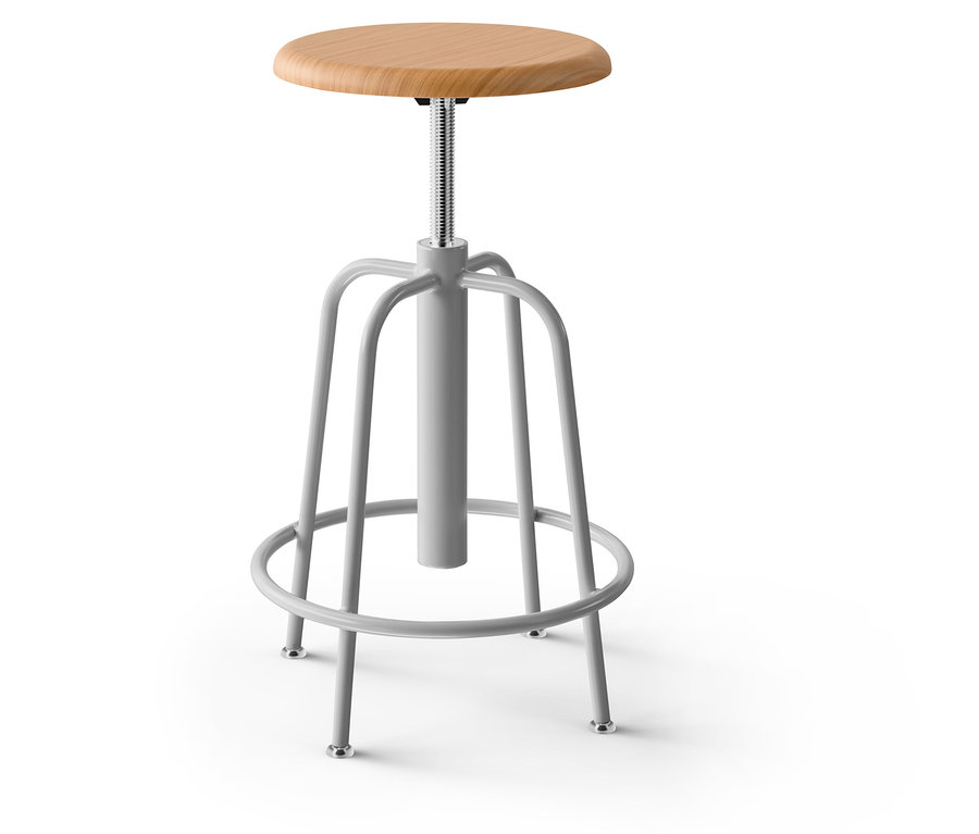 Szary stołek barowy z drewnianym siedziskiem.