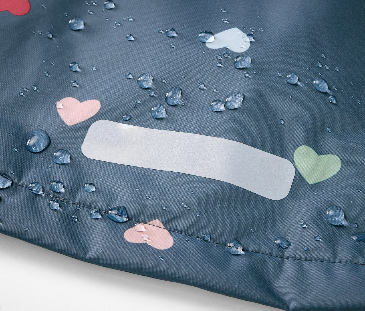 Zbliżenie na kurtkę przeciwdeszczową termoaktywną w serduszka z kroplami wody.