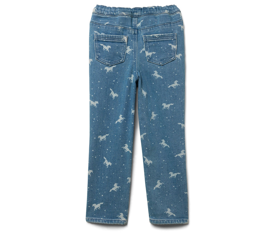 Jasnoniebieskie dżinsy z białym wzorem koni i gwiazd, widok z tyłu.