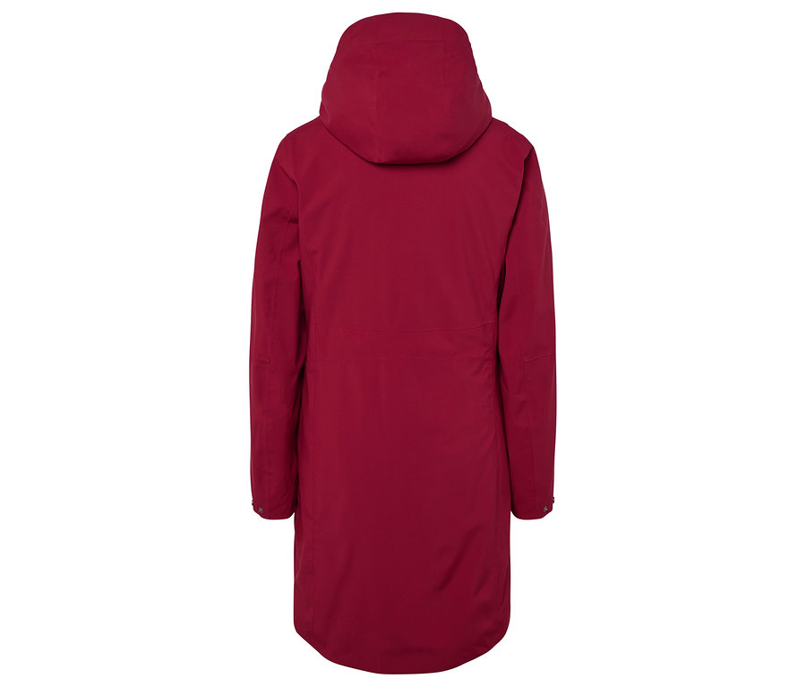 Widok z tyłu bordowej kurtki z kapturem.