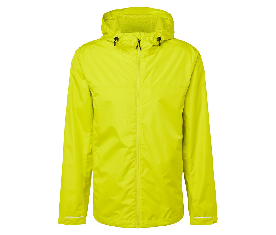 Żółta kurtka przeciwdeszczowa z kapturem i zamkiem błyskawicznym.