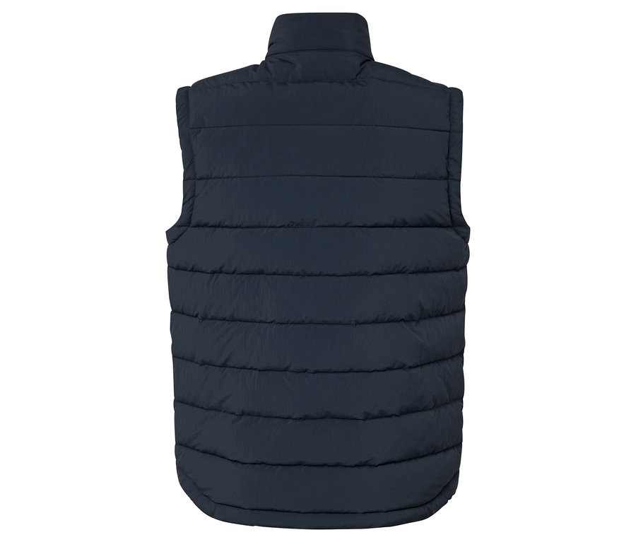 Widok z tyłu granatowej, pikowanej kamizelki ze stójką.