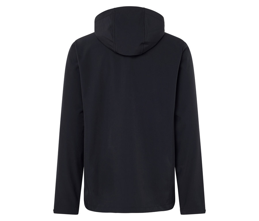 Granatowa kurtka z kapturem, widok z tyłu.