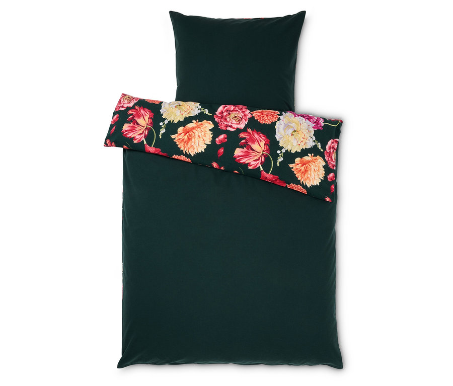 Ciemnozielona pościel we wzory kwiatowe.
