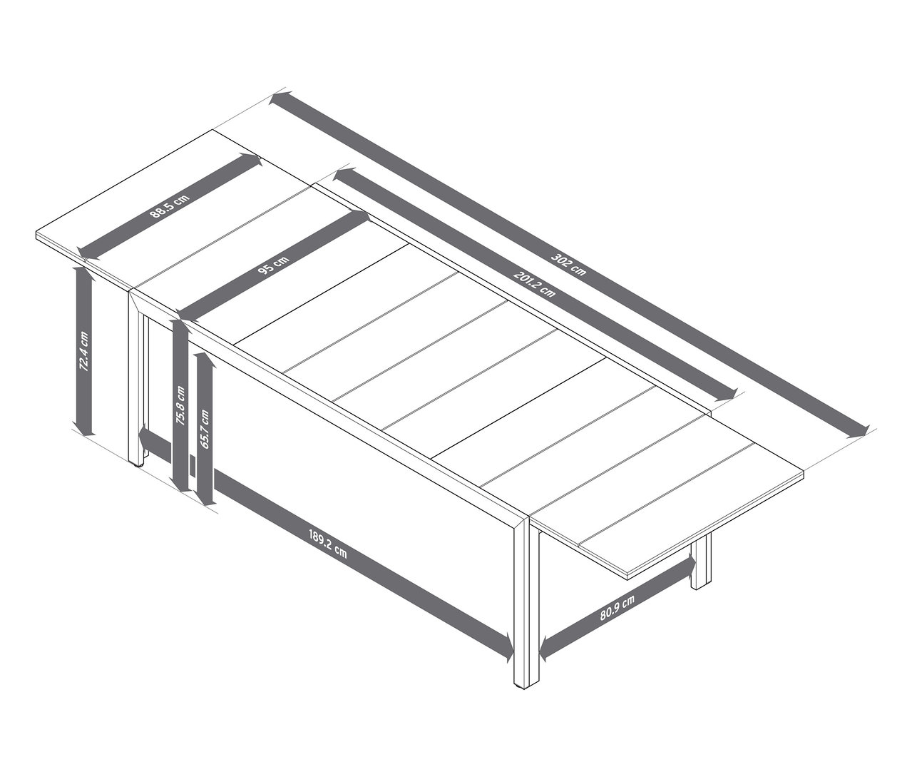 Ilustracja przedstawia schemat rozkładanego stołu ogrodowego z blatem Duraboard o wymiarach ok. 200–300 cm wraz z wymiarami.