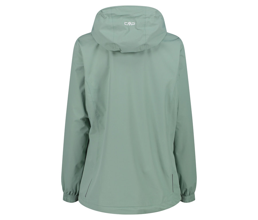 Widok z tyłu jasnozielonej kurtki CMP z kapturem.