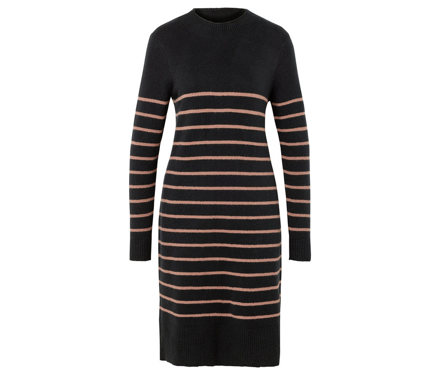 Dzianinowa sukienka w paski w kolorze czarnym z poziomymi paskami w kolorze różowym.