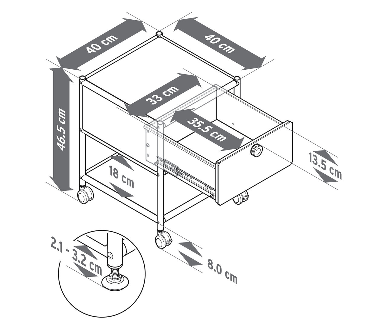Widok z góry na metalowy stolik pomocniczy „CN3” z szufladą i widocznymi wymiarami.