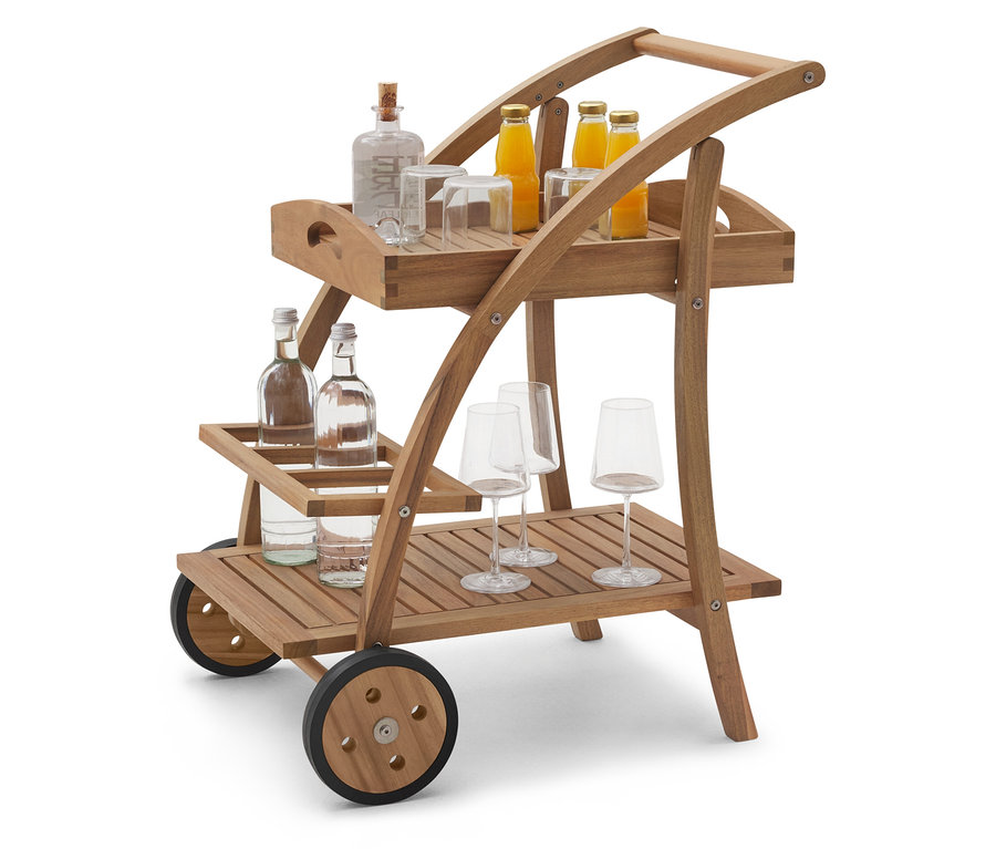 Wózek barowy ze zdejmowaną tacą z napojami i szklankami na dwóch poziomach.