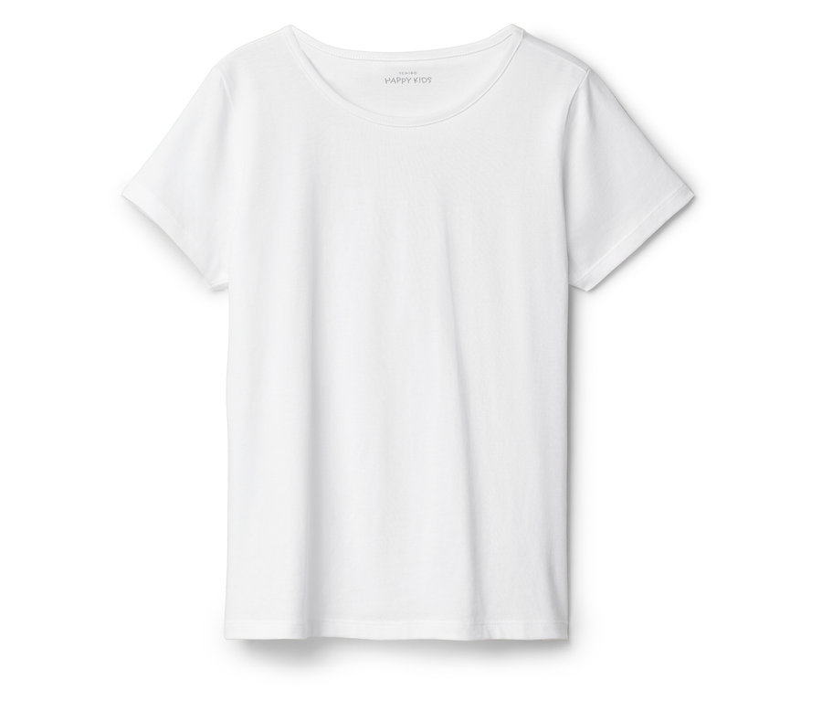 Biała koszulka leży płasko na białym tle.