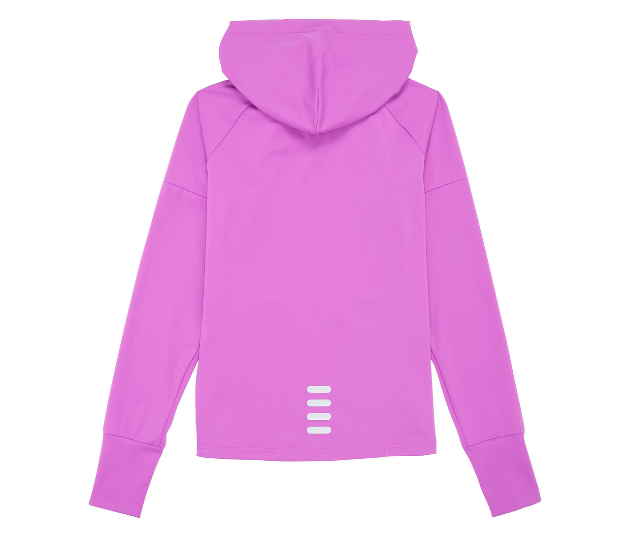 Widok z tyłu fioletowej kurtki funkcyjnej damskiej FILA z kapturem i długimi rękawami.