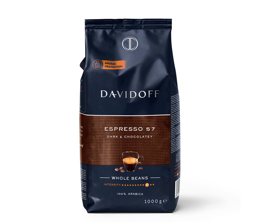 Ciemnoniebieskie opakowanie 1 kg kawy ziarnistej Davidoff Espresso 57, z grafiką filiżanki espresso i ziaren kawy.