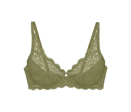 Biustonosz Triumph Amourette W w kolorze olive gold, wykonany z koronki, z falistymi brzegami i cienkimi ramiączkami.