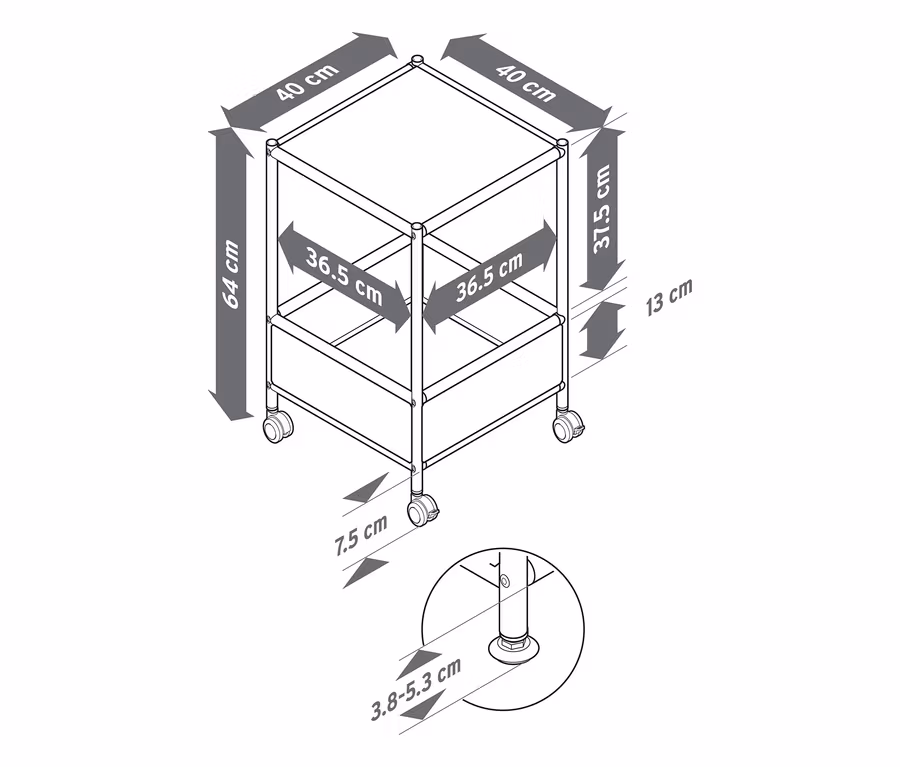 Rysunek techniczny dwupoziomowego metalowego stolika „CN3” na kółkach. Wymiary całkowite: 64x40x40 cm. Półki: 36.5x36.5 cm, 37.5 cm odstępu.